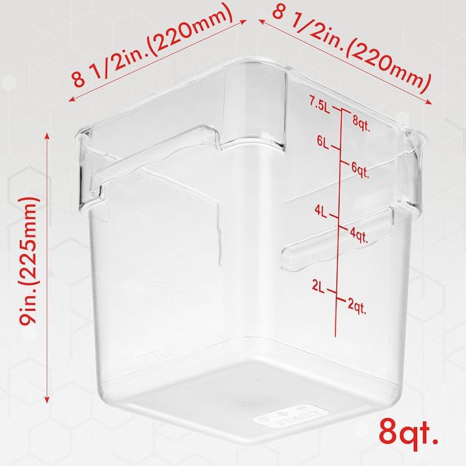 CURTA 8-Pack 8 Qt NSF Clear Polycarbonate Food Storage Containers with Red Lids - Square Commercial-Grade Freezer &amp Dishwasher Safe Stackable