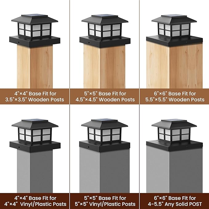 6 Pack Solar Post Cap Lights Outdoor Waterproof Fence Post Solar Lights Fit for 4x4 5x5 6x6 Wooden/Vinyl/Plastic Posts Warm White LED Lighting Decor for Garden Deck Patio