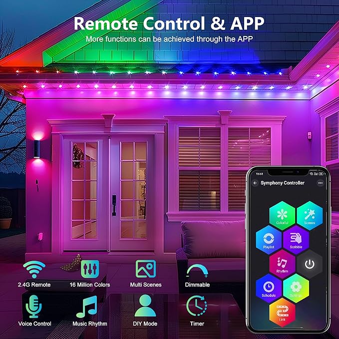 ASLONG Permanent Outdoor Lights with App &amp Remote 100ft Smart Eaves Lights with RGBW LEDs Endless Light Colors Daily and Accent Lighting IP67 Waterproof for Halloween Christmas Holiday Part