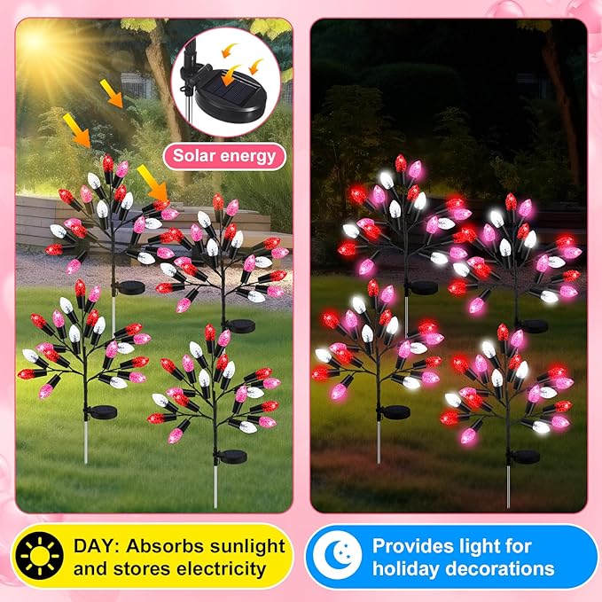 4 Pcs Valentine's Day Outdoor Decoration Solar Pathway Lights 28 Pink Stake Light Waterproof 8 Modes 80 Heart Shape LEDs for Yard Walkway Path Garden Patio Valentine Decor