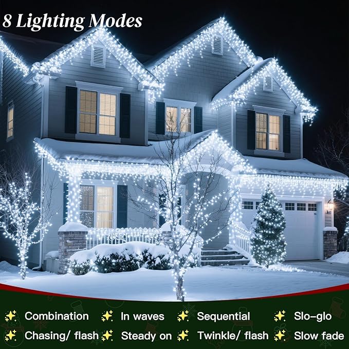 32ft Christmas Icicle Lights 396 LED Outdoor/Indoor Cool White Curtain Lights with 8Modes Plug in Waterproof String Lights for Holiday Wedding Garden Decorations