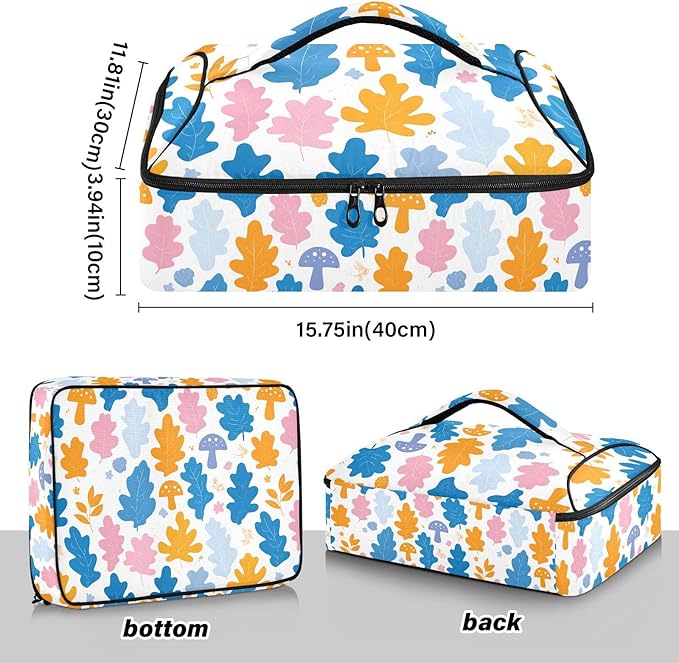 Casserole Carrier Colorful Cartoon Oak LeavesInsulated Casserole Carrier for Hot or Cold Food Thermal Lunch Tote for Potluck Parties Picnic Beach Fits 9 x 13 Inches Baking Dish