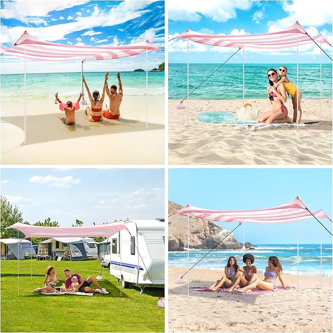 Beach Tent Canopy UPF 50+ UV Protection Beach Sun Shade Portable 10×10 FT Large Pop-Up Tent Sun Shelter with Sand Anchors Ground Pegs Easy Setup for Camping Park and Backyard Fun-Pink Stripe