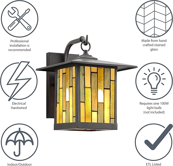 RIVER OF GOODS Stained Glass Outdoor Light Fixture - 11.75 H - Mission Style Porch Light - Tilda