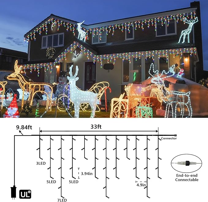 QITONG Multicolor Icicle Lights for Outside 33ft 400 LED String Lights Indoor Clear Wire Connectable Icicle Christmas Lights Plug in with 8 Modes