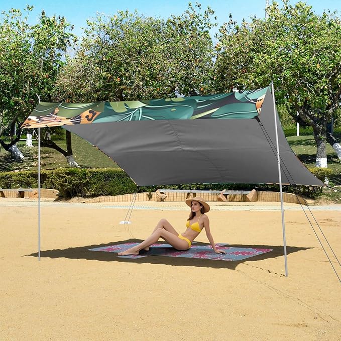 Leopard and Tropical Leaves Camping Sun Shelter Beach Tent Portable Beach Sun Shade Outdoor Canopy for Camping Trips Fishing Picnic