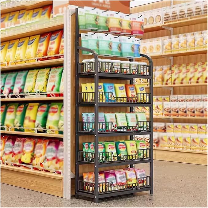 4/5 Tier Retail Display Shelves Metal White Black Supermarket Snacks Candy Storage Stand with Hooks Large Snack Organizer Pantry Kitchen Home Theater MovieBlack5 Tier50x27x166cm