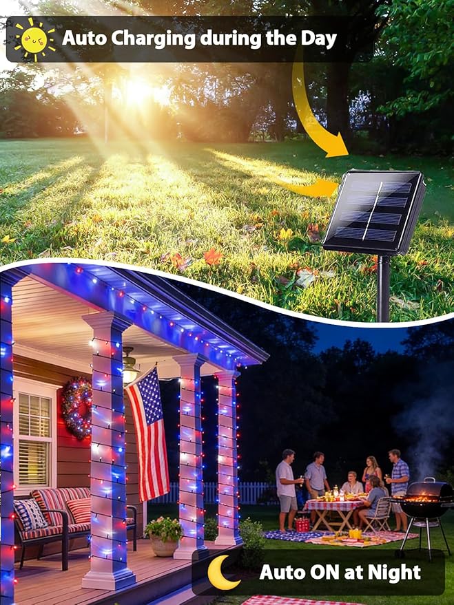 EEW 2 Pack 200 LED Red White and Blue Solar String Lights Outdoor Waterproof Solar Powered LED Patriotic Lights Solar Tree Lights for Independence Day Decor 4th of July Memorial Day Decorations