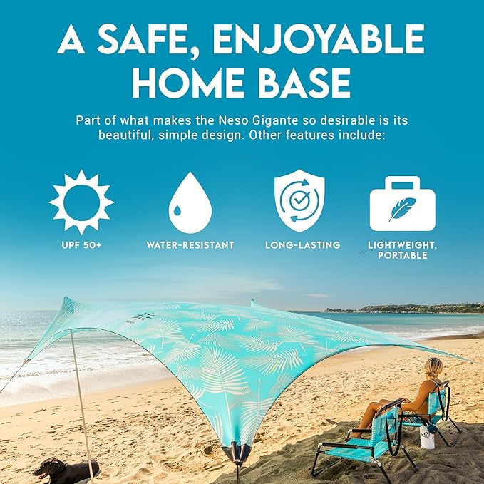 Neso Gigante Portable Beach Tent Sun Shelter - Lightweight Beach Shade Canopy - Easy Setup for Family Outings - Patented Reinforced Corners - UPF 50+ - 8ft Tall 11 x 11ft - Aqua Fronds
