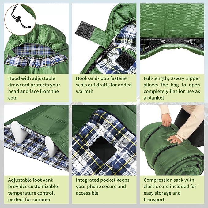 GEERTOP Flannel Sleeping Bags for Adults Big &amp Tall People Portable Cold Weather Envelope XXL All Seasons Camping Sleeping Bag