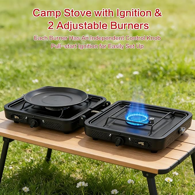 2 Burner Camping StovePortable Camp Stove with 17000 BTU Adjustable Burners and Carrying BagFolding Camping Stove for Outdoor Cooking Backpacking BBQ Grill