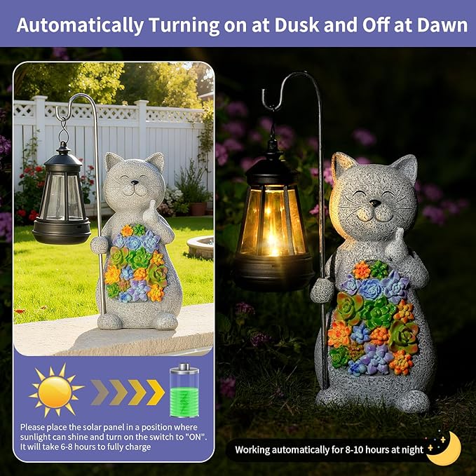 Solar Cat Garden Statue with Succulent Decor Hanging Lantern – Waterproof Resin Outdoor Figurine for Yard Patio Balcony – Gift for Cat Lovers Gardeners