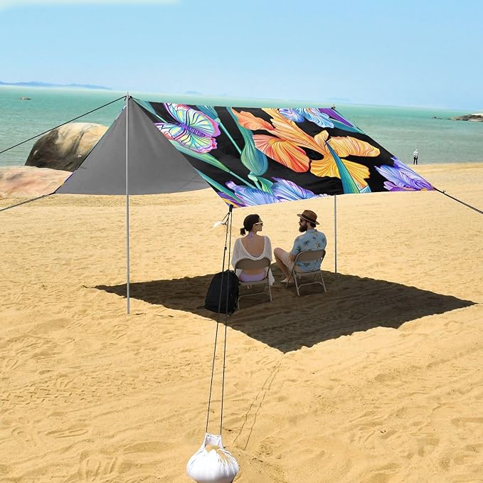 ALAZA Rainbow Iris Flower Butterfly Beach Tent Sun Shelter UPF50+ Protection Beach Shade Canopy w/ 4 Sandbags for Outdoor Camping Fishing Backyard Fun Picnic 10x9 ft