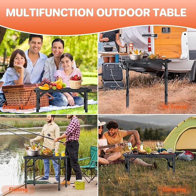 FUNYKICH 2ft Small Folding Camping Table(22.8'' Lx15.7'' W) 3 Height Adjustable Portable Picnic Table Lightweight Aluminum Outdoor Table with Carry Handle for Camping BBQ Beach Picnic Black