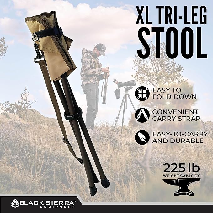 Black Sierra Folding Hunting Stool w/Shoulder Strap Supports 225 lbs Lightweight Collapsible Tripod Seat Foldable Steel Frame Chair Perfect for Hunting Blind Fishing Hiking Travel