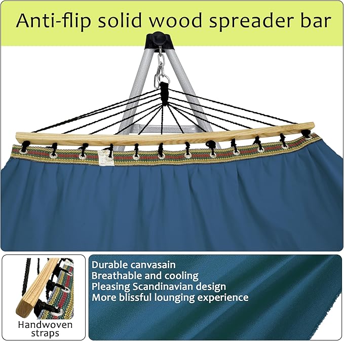 Tranquillo Ultimate Relaxation Portable Hammock Stand Foldable Hammock Stand with Canvas Hammock Spreader Bar Quick Fold Unfold in 30 Seconds Steel Frame Hammock 600 lbs Capacity White/Blue