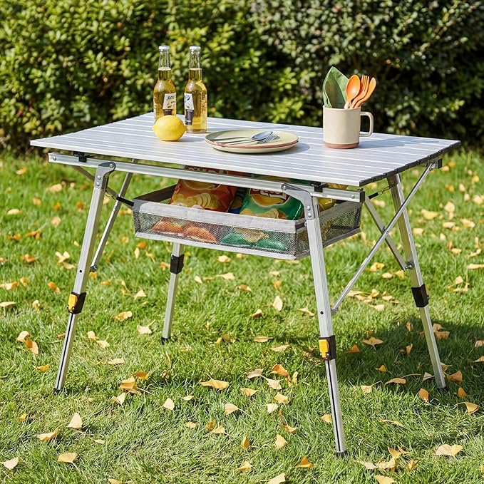 Camping Table Portable Foldable with Adjustable Legs Aluminum Roll Up Table with Large Mesh Storage Layer &amp Carrying Bag Lightweight Outdoor Picnic Table for Camping Beach BBQ Backyard