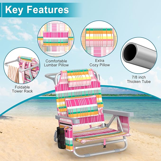 Suteck Beach Chair Adjustable 5-Position Backpack Beach Chairs for Adults Kids Foldable Lay Flat Chair with Cooler Bag Cup Holder and Lumbar Pillow Reclining Lay Down Chairs for Lawn Outdoor