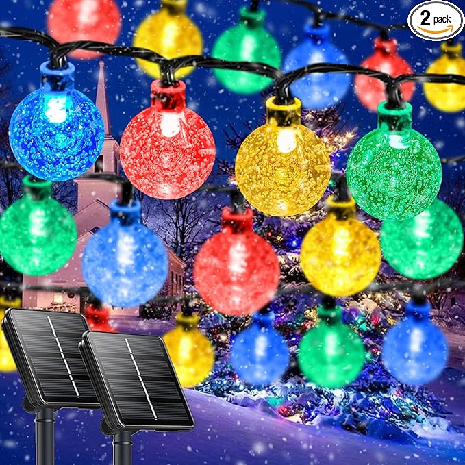 Multicolor Solar String Lights Outdoor 2-Pack Total 100 LED 64FT Crystal Globe Solar Lights for Outside Waterproof with 8 Lighting Modes Easter Decorations for Tree Wedding Patio Party Garden