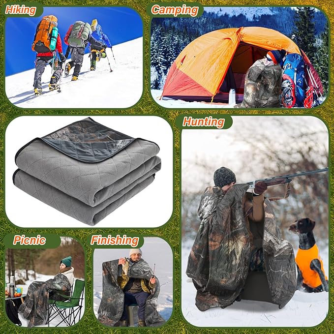VitalCozy 55 x 95 Waterproof Woobie Camo Blanket for Hunting Extra Outdoor Stadium Blankets Sherpa Lining with Hood and Storage Pocket for Deer Duck Hunting Gear Blind Accessories(Bionic Bush Camo)