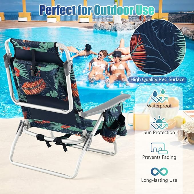 GYMAX Beach Chairs Backpack Camping Chair with Armrest Cooler Bag Cup Holder Towel Bar &amp Side Pockets Sunbath Sling Tanning Lounge Folding Layout Chair (Without Table Flower)