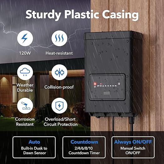BN-LINK 120W Low Voltage Landscape Transformer with Countdown Timer and Photocell Sensor 125V AC to 12V/14V AC Converter with Overload Protection Weather Durable for Outdoor LED Lighting