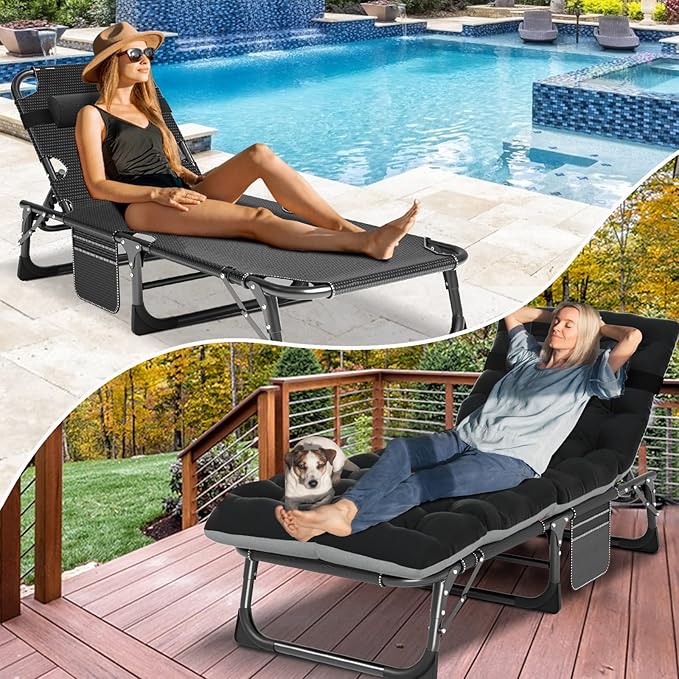 NAIZEA Folding Camping CotsAdjustable 4-Gear Sleeping Cots for AdultsFoldable Cot Bed Folding Chaise Lounge ChairPortable Reclining Chair for Beach Lawn Camping PoolSunbathing Chairs