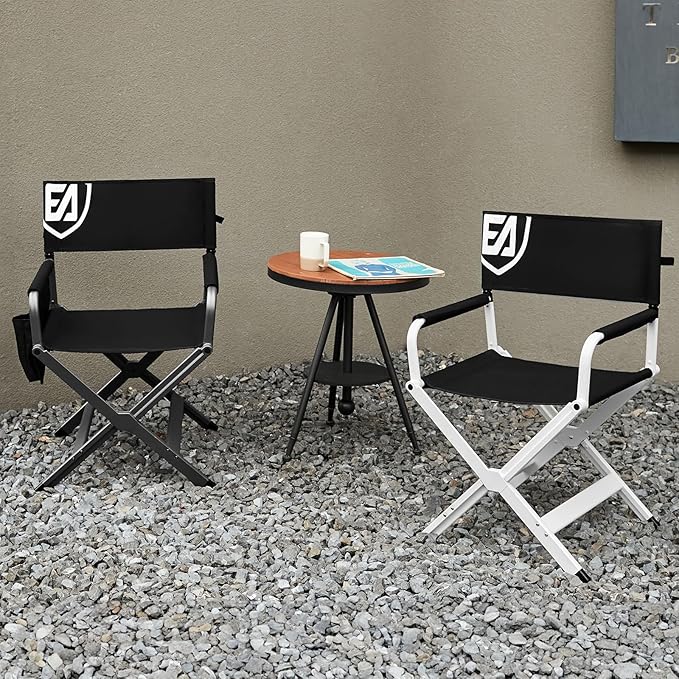 EVER ADVANCED Aluminum Directors Chair Folding Studio Movie Chairs Camping Event Vendor Chair 19 Seat Height Black Fabric/White Frame Support 350lbs