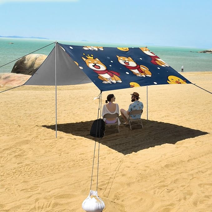 ALAZA Corgi Dog Duck Cute Beach Tent Sun Shelter UPF50+ Protection Beach Shade Canopy w/ 4 Sandbags for Outdoor Camping Fishing Backyard Fun Picnic 10x9 ft
