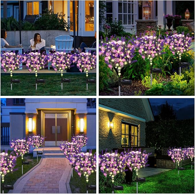 Solar Garden Lights Outdoor 4 Pack Purple Lavender Solar Butterfly Lights Gardening Gifts for Women Artificial Flower with Butterfly Purple Garden Decor for Lawn Patio-Warm White