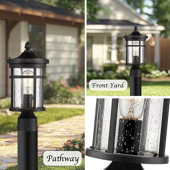 Bestshared Outdoor Post Light 13.75 Height Exterior Post Lighting Fixture Outdoor Patio Post Lantern for Pathway Driveway Front/Back Door Post Lamp in Black Finish with seeded Glass
