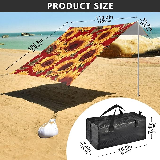 Sunflower Red Beach Tent Sun Shelter 9.2' x 10.5' Beach Canopy with 4 Sandbags 4 Stability Poles Sand Shovels - Tent Canopy for Beach Camping Fishing Picnics