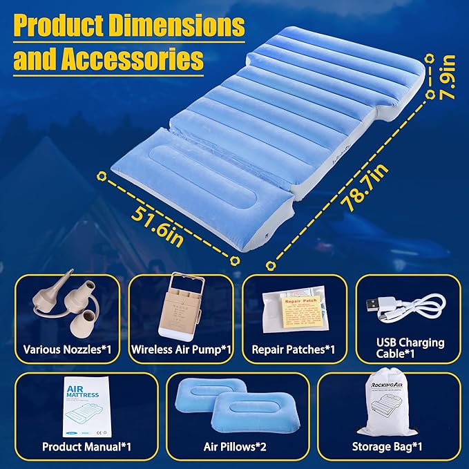 Inflatable Car Air Mattress with Built-in Pump Adjustable Car Camping Bed Sleeping Pad for Back Seat Portable Travel with Two Air Pillows