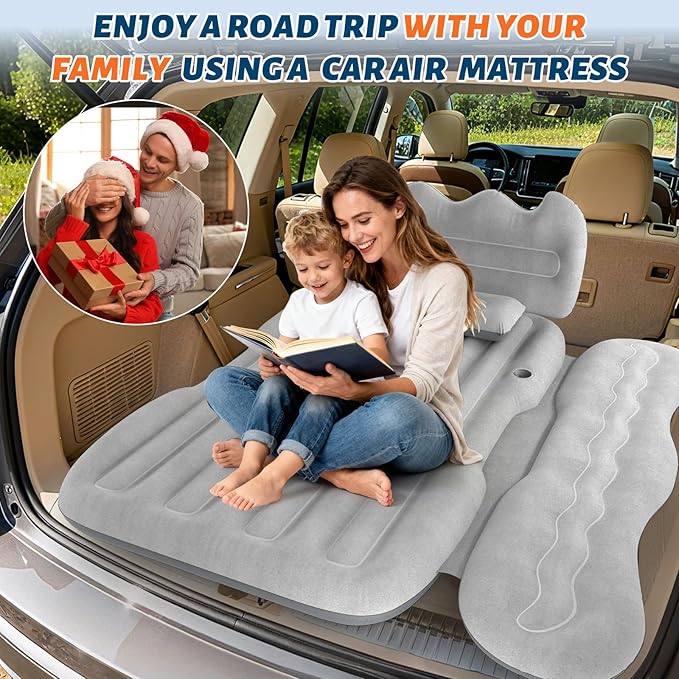 Thickened Inflatable Car Mattress for Back Seat - SUV Air Mattress Bed for Camping &amp Road Trips Portable Car Blow Up Mattress with Cup Holder 2 Pillows &amp Carry Bag - Grey