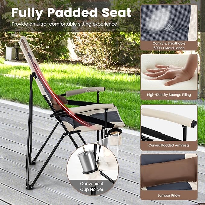 Tangkula Set of 2 Folding Camping Chair Portable Lightweight Camp Chair with Lumbar Support Padded Seat Carrying Bag Cup Holder Outdoor Lawn Chair for Yard Fishing Travel No Assembly Needed