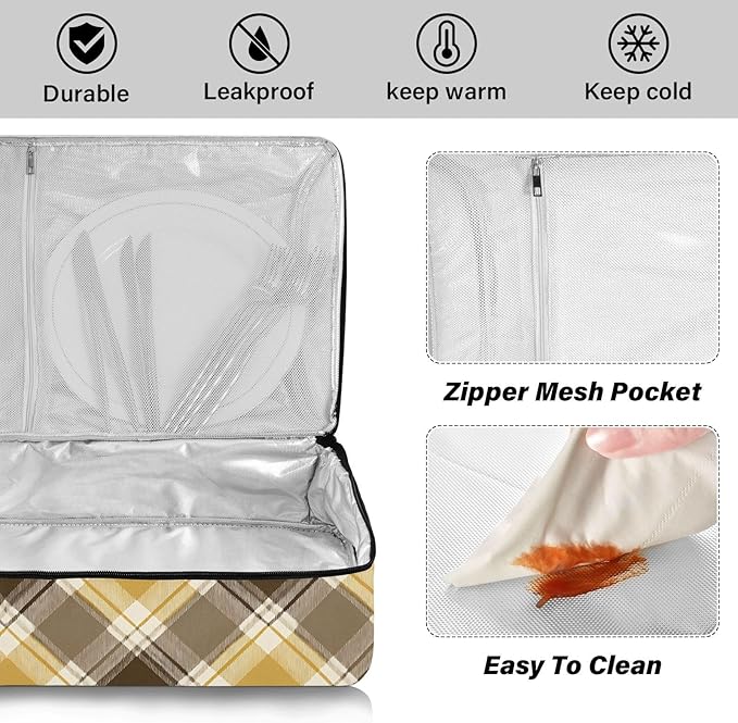 Casserole Carrier Pattern Yellow Brown Tartan Insulated Casserole Carrier for Hot or Cold Food Thermal Lunch Tote for Parties Picnic Travel Carry Bag