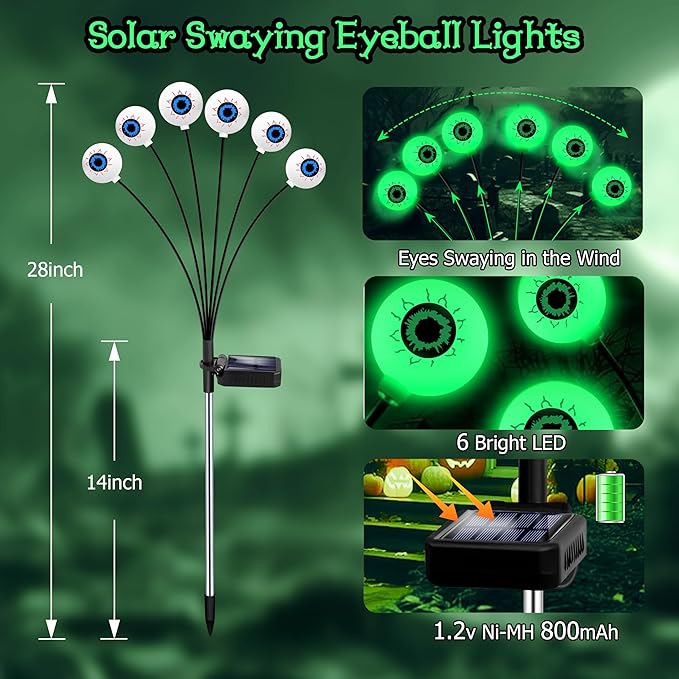 Halloween Decorations Outdoor 6 Pack 36 LED Solar Scary Eyeball Swaying Lights Green Solar Firefly Light Waterproof Outdoor Garden Lights for Halloween Yard Garden Lawn Party Flower Bed