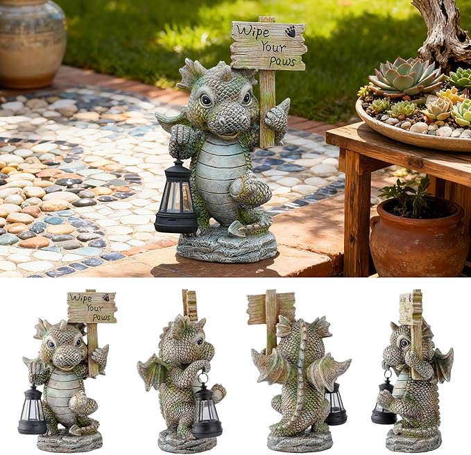 Solar Dragon Garden Statue with Lantern Resin Outdoor Yard Decor Figurine Waterproof Solar Powered Light for Patio Lawn Walkway &amp Front Porch (Dragon)