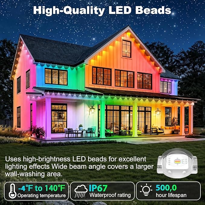 500FT Permanent Outdoor Lights Waterproof with Smart App Control RemoteDIY Scene ModesMusic Sync hronizationEaves Lights for Garden DecorDeckChristmas