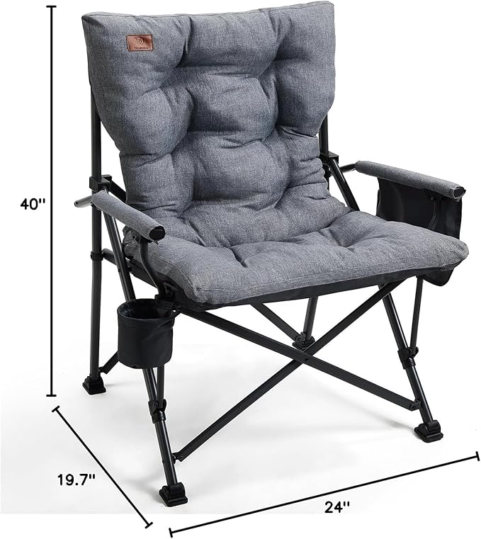 EVER ADVANCED Padded Oversized Folding Camping Chair for Adults Heavy Duty Lawn Chair with Side Pockets Portable Collapsible Quad Chair for Outside Support Up to 500lbs Grey