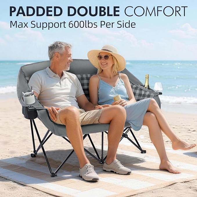 Double Camping Chairs Padded Loveseat Chair for 2 Person - Heavy Duty Oversized Camping Couch for Adults Outdoor Lawn Beach Portable Folding Sofa with Cup Holders Support 600lbs Grey