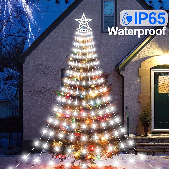 Christmas Decorations Star Lights Outdoor 11.48ft 350 LED Waterfall Tree Lights with 8 Modes Timer Remote Plug in Christmas Lights for Indoor Yard Patio Home Holiday Party Decor Pure White