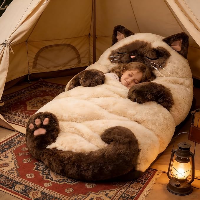 Cat Sleeping Bag for Human Fluffy Cat Sleeping Bag for Adults 68.9in Soft Warm Fluffy Wearable Blanket Washable Cute Animal Slumber Bag for Camping Sleepovers &amp Home Lounging