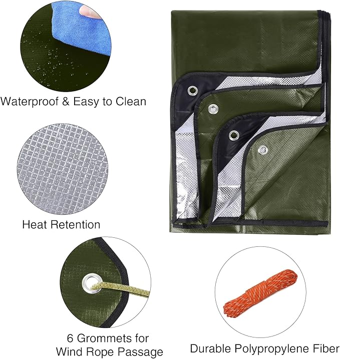 RedSwing 2 Pack Heavy Duty Waterproof Emergency Thermal Tarp Insulated Survival Blanket for Outdoor Camping Hiking and Emergency Shelter Green