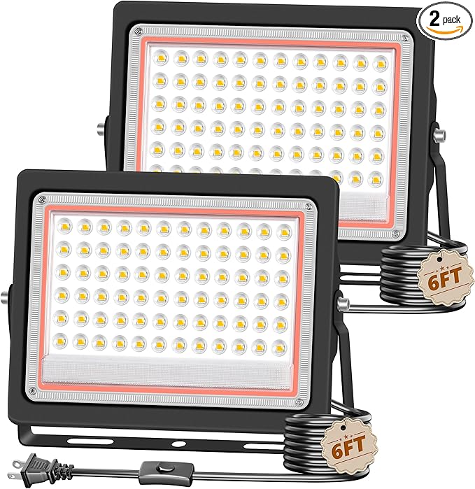 60W Flood Light Outdoor with Plug 7200LM Exterior Security Lights with 6ft Cable 5000K Daylight White LED Work Light IP66 Waterproof Exterior Floodlight for Yard Garage Stadium Garden patio 2 Pack