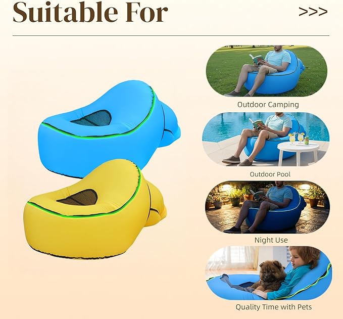 Inflatable Lounger Chair with Glow Edge Portable Air Sofa for Adults &amp Kids No Pump Needed Lightweight Folding Camping Chair for Beach Poolside Backyard Travel – Includes Carry Bag