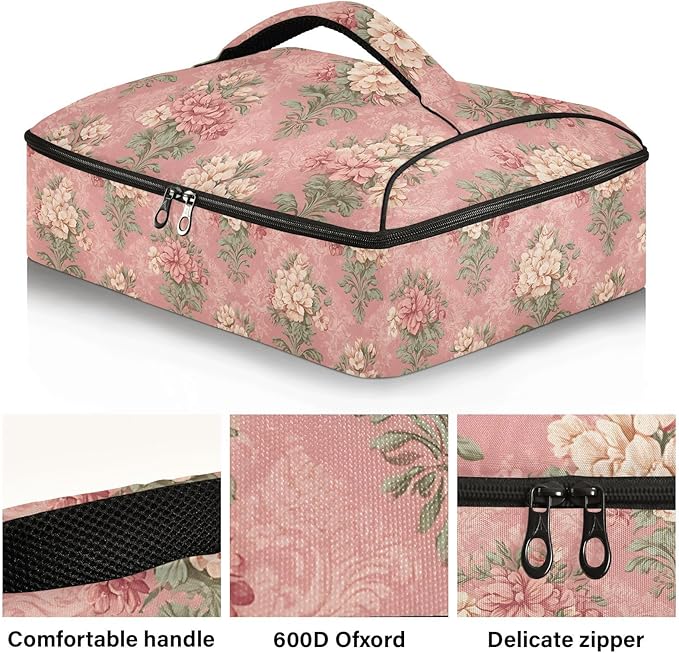 Casserole Carrier Pinkish Vintage Floral PatternInsulated Casserole Carrier for Hot or Cold Food Thermal Lunch Tote for Potluck Parties Picnic Beach Fits 9 x 13 Inches Baking Dish