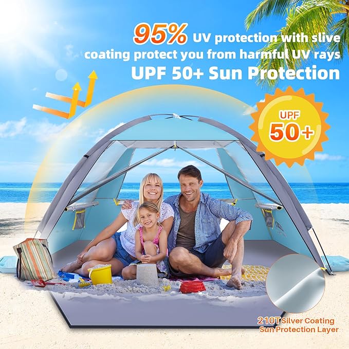 Happy Travel Beach Tent UPF 50+ UV Protection Sun Shade Shelter for 3/4/5/6/7/8 Person Portable Beach Canopy for Family &amp Baby Lightweight &amp Easy Setup Beach Cabana with 3 Ventilation Mesh