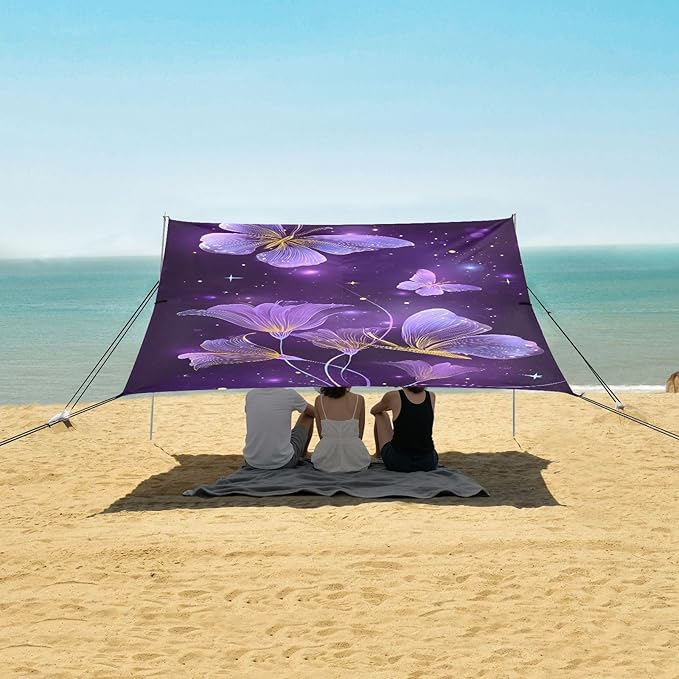 ALAZA Purple Butterfly Calla Lily Beach Tent Sun Shelter UPF50+ Protection Beach Shade Canopy w/ 4 Sandbags for Outdoor Camping Fishing Backyard Fun Picnic 10x9 ft