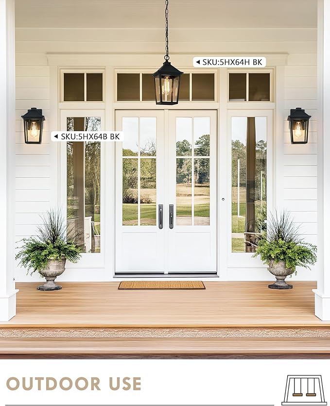 Outdoor Pendant Lights HWH Farmhouse Exterior Hanging Porch Light Outside Hanging Lantern with Height Adjustable Chain Matte Black Finish with Seeded Glass 5HX64H BK